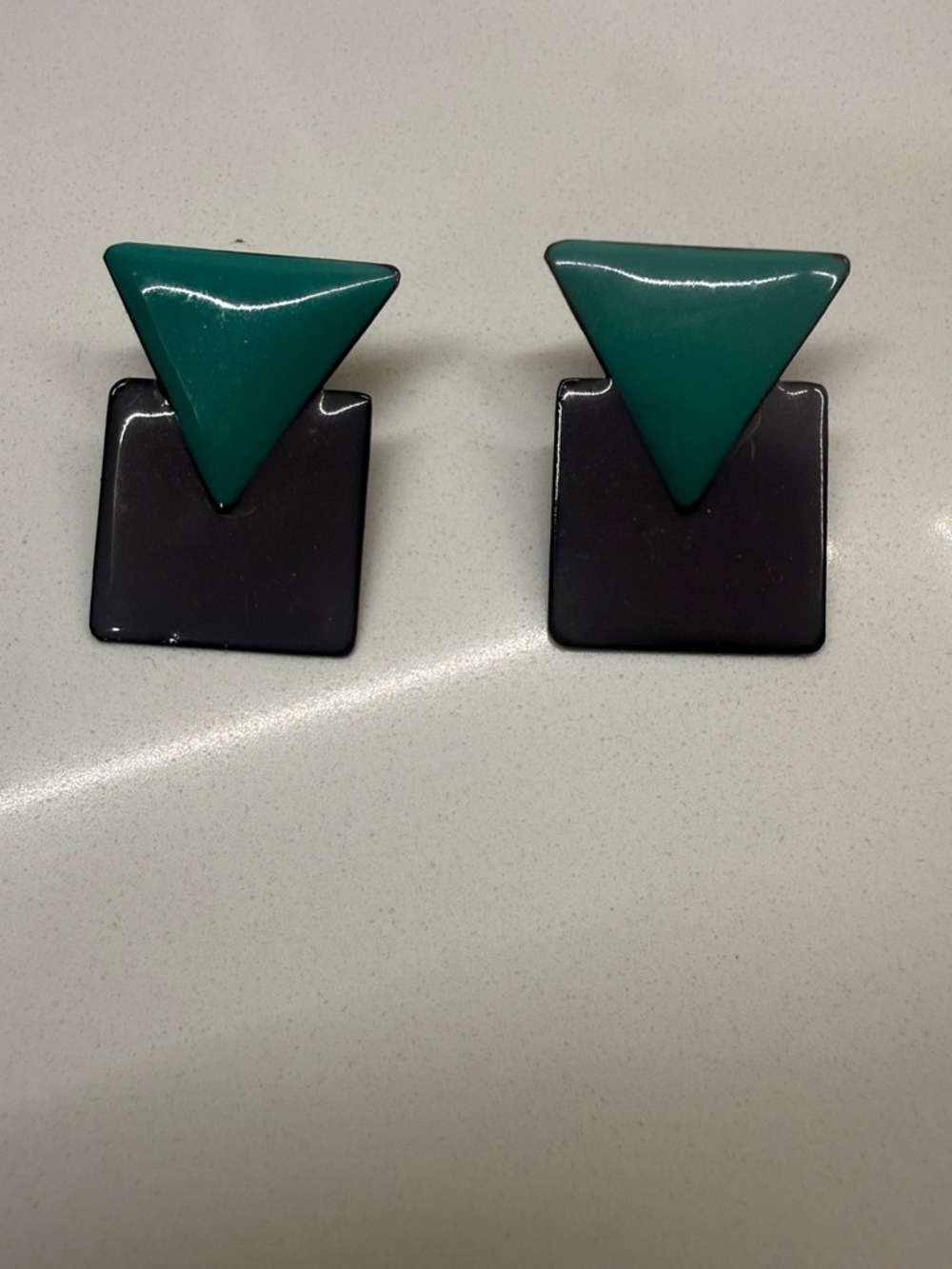 vintage Geometric Green Triangle Over Black Square Earrings